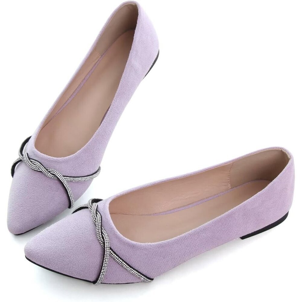 Women's Light Purple Casual Fashion Chain Pointed Toe Ballet Flat Rhinestone - Picture 6 of 7